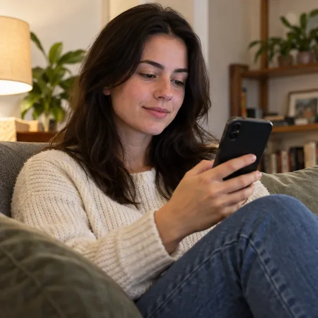 A customer at home looks at a smartphone while preparing to search for a nearby restaurant.