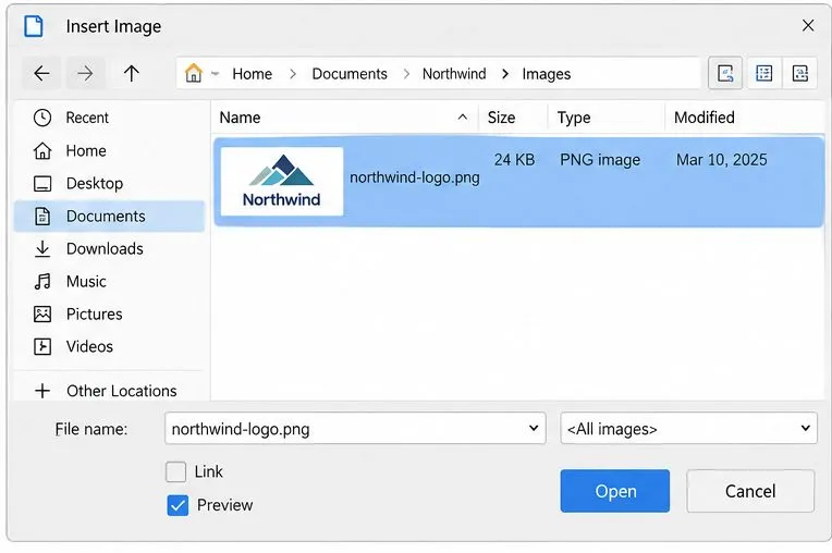 在 LibreOffice 的「插入圖片檔案」對話方塊中,選取 northwind-logo.png,並且取消選取「連結」複選框。