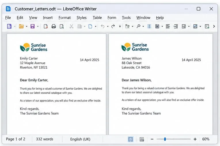 兩個合併的 Writer 頁面,具有相同的徽標,但收件人姓名和地址不同。