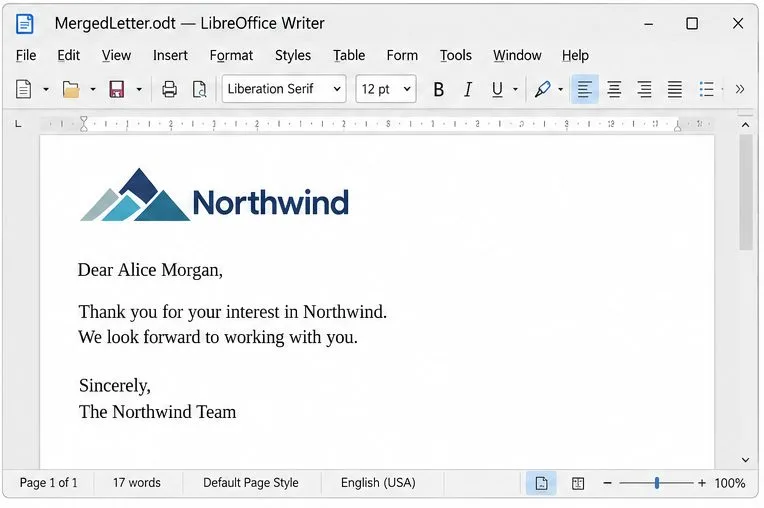 信件頁面,上方嵌入了 Northwind 的標誌,並附有個性化的收件人問候語。