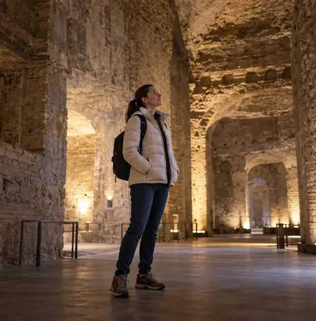 Una visitatrice indossa una giacca calda e scarpe da cammino in un ambiente archeologico sotterraneo