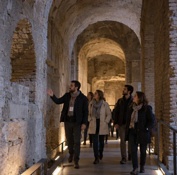 Visitatori accompagnati da una guida camminano lungo un passaggio voltato tra pareti archeologiche