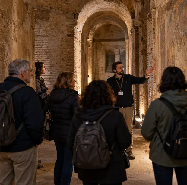 Una guida indica dettagli delle pareti a un piccolo gruppo di visitatori in un passaggio antico