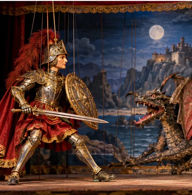 Un pupo siciliano raffigurante un cavaliere armato davanti a un fondale dipinto con luna, castello e drago