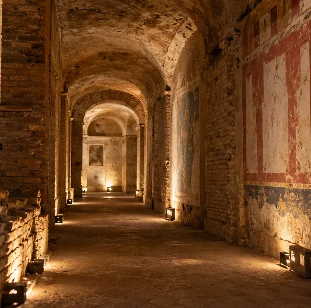 Un corridoio archeologico voltato con pareti in mattoni e tracce di decorazione, illuminato da luci calde