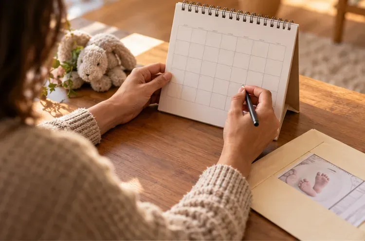 Mãos examinam um calendário de papel em branco ao lado de um pequeno envelope de lembrança.