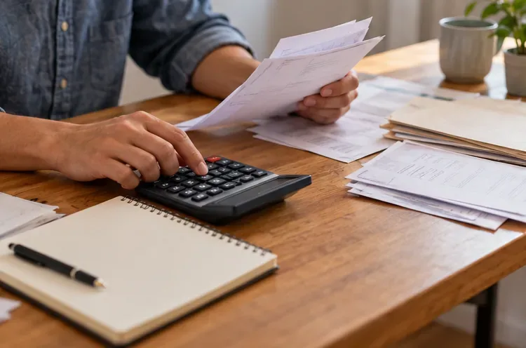 Hands usa uma calculadora enquanto revisa documentos domésticos e um caderno de orçamento em branco.