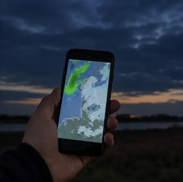 Hand houdt telefoon met weerkaart tegen een bewolkte avondhemel