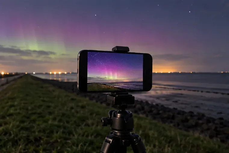 Smartphone op houder fotografeert roze poollicht boven een dijk en kust