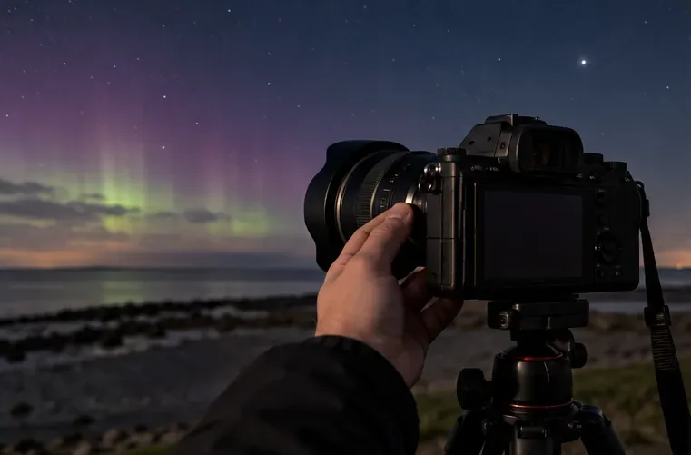 Hand stelt een systeemcamera op statief bij de kust af onder het poollicht