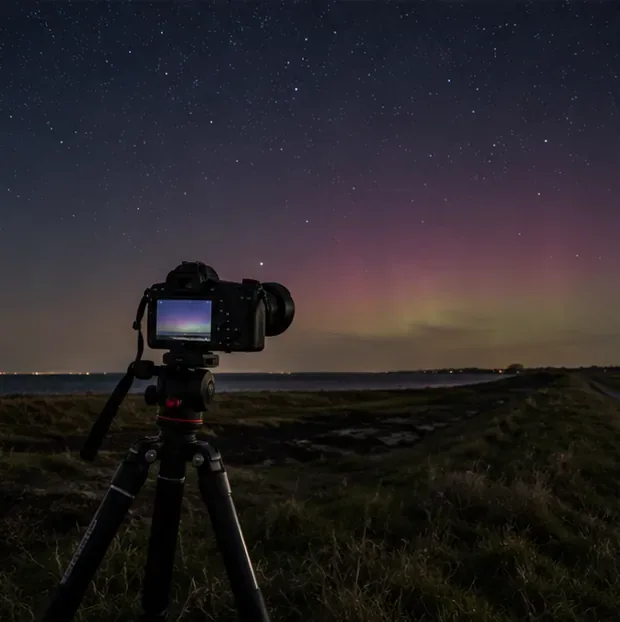 Camera op driepoot staat aan een donkere oever onder een sterrenhemel