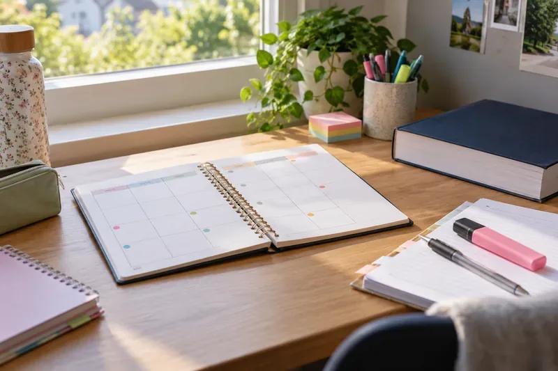 An open study planner with colored date marks, pens, and revision materials on a sunlit desk