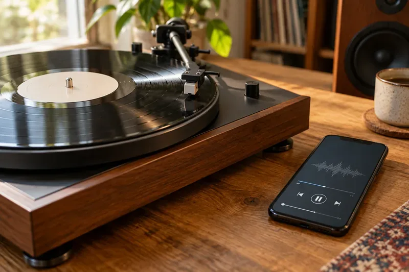 A black vinyl record playing on a turntable beside a smartphone displaying a music waveform and playback controls