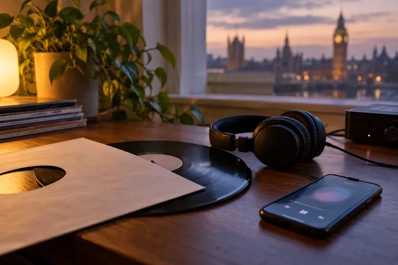 Vinyl record in a paper sleeve, black over-ear headphones and a phone on a wooden desk beside a window overlooking London landmarks at dusk