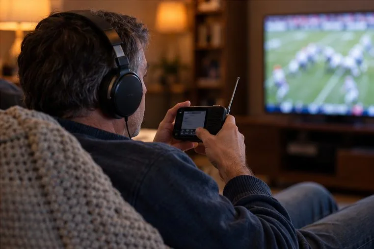 A listener wears headphones and holds a small radio while a football game plays on television.