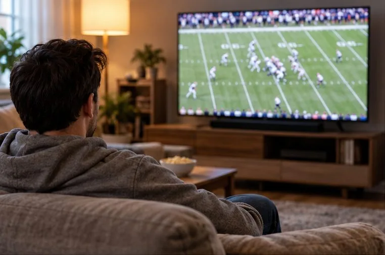 A fan watches an American football broadcast on a living-room television.