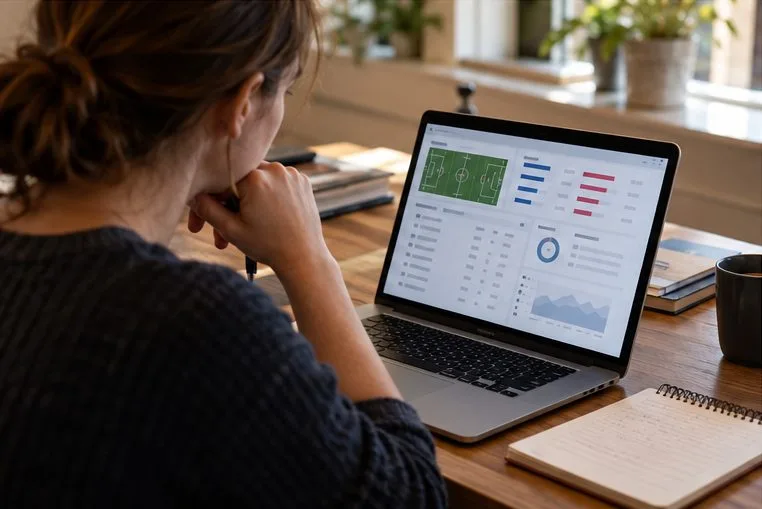 A fan reviews a football statistics dashboard on a laptop.