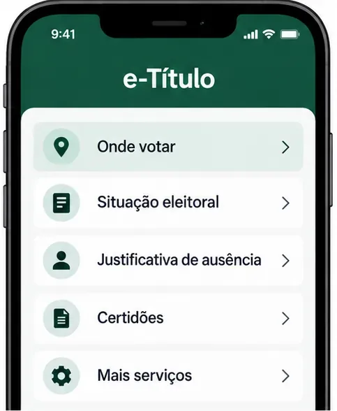 Esquema de um celular com a opção Onde votar destacada no menu do aplicativo e-Título.