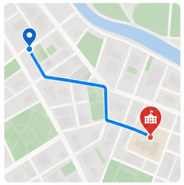 Mapa esquemático com uma linha de rota azul entre um marcador de partida e um prédio genérico marcado em vermelho.