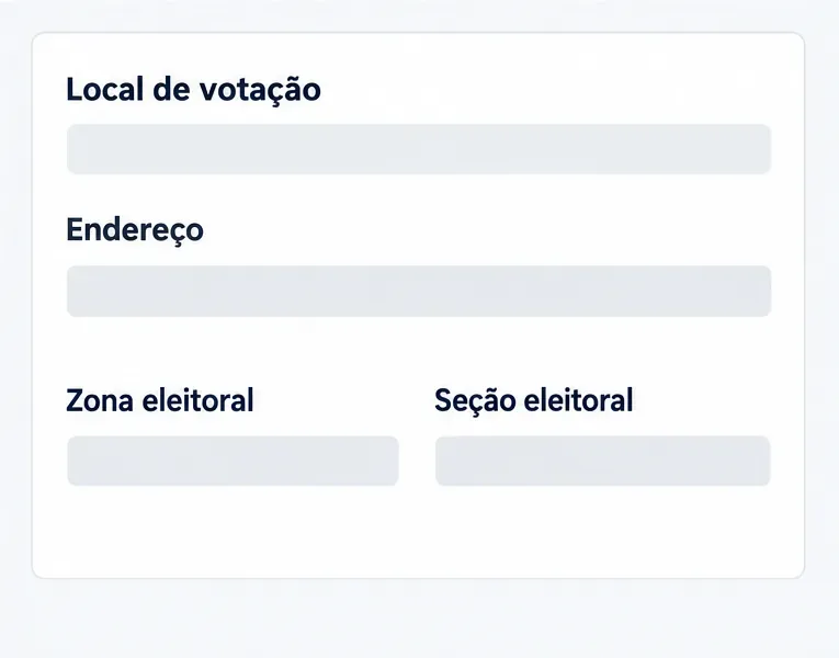 Cartão esquemático de resultado separando local de votação, endereço, zona eleitoral e seção eleitoral.