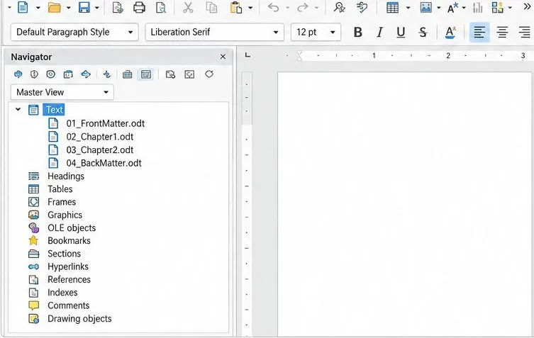 LibreOffice Writer Navigator in Master View listing front matter, two chapters, and back matter subdocuments