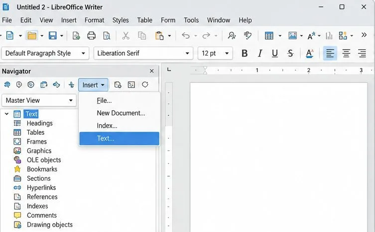 LibreOffice Navigator in Master View with the Insert menu showing File, New Document, Index, and Text