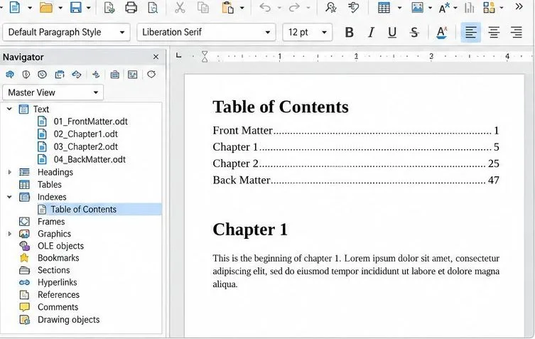 LibreOffice Writer master document showing a table of contents and linked chapter entries in Navigator