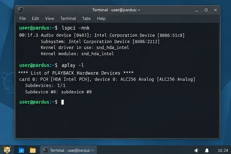 Terminal window comparing lspci kernel-driver details with an aplay playback-device listing