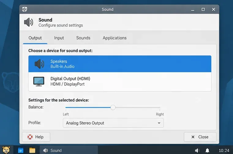 Sound settings window with built-in speakers selected above an HDMI output and an analog stereo profile