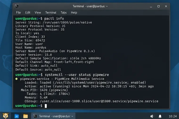Terminal window displaying pactl server details and the status of the PipeWire user service