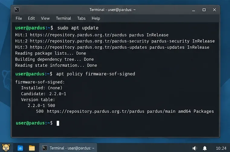 Terminal showing apt update and apt policy checks for Intel SOF firmware package availability