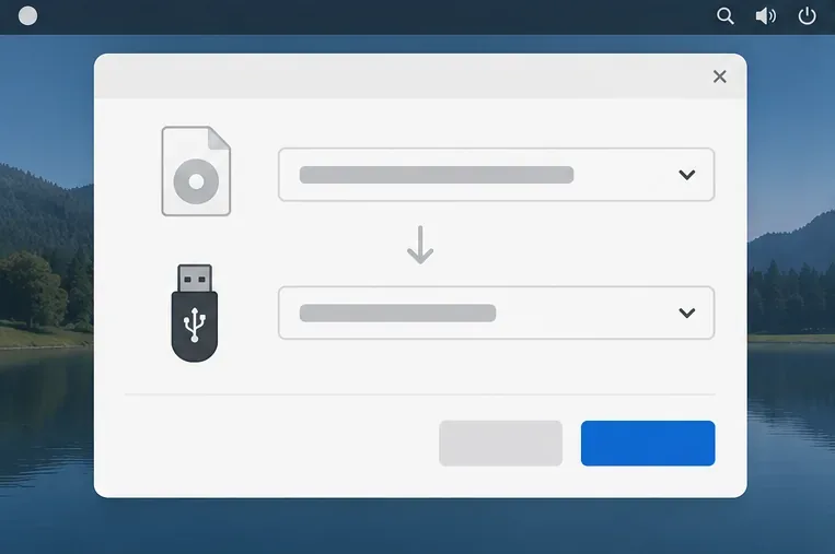 A generic USB imaging dialog with separate source-image and removable-drive selectors