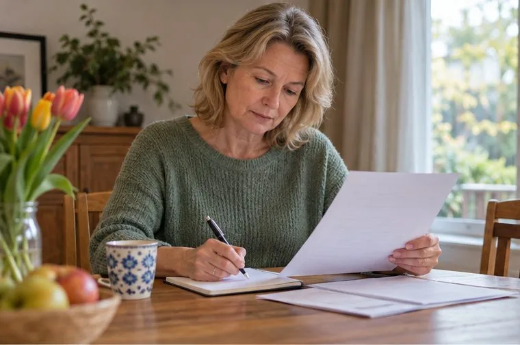 Een vrouw aan de keukentafel leest een pensioenbrief en schrijft aantekeningen.
