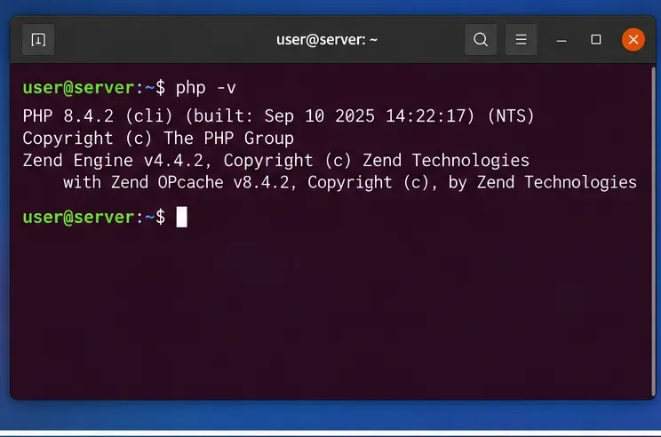 Terminal displaying the php -v command and a sample PHP CLI version