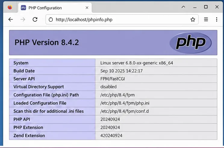Browser displaying PHP configuration and version information on a local server