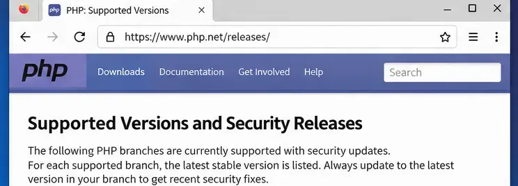Browser showing the PHP project security-release information and support categories