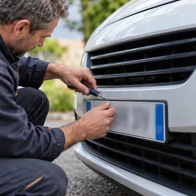 Un professionnel fixe solidement une plaque de remplacement à l’avant d’une voiture