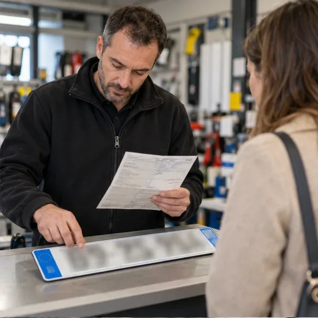 Un professionnel compare un certificat d’immatriculation et une plaque neuve au comptoir