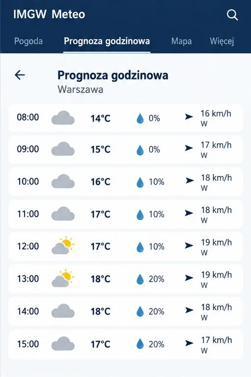 Schematyczny widok godzinowej prognozy IMGW Meteo z godzinami, temperaturą, opadem i wiatrem