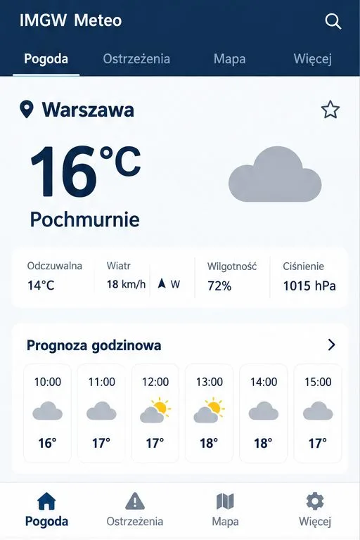 Schematyczny ekran IMGW Meteo z lokalną prognozą dla Warszawy, temperaturą, odczuwalną, wiatrem i kafelkami godzinowymi