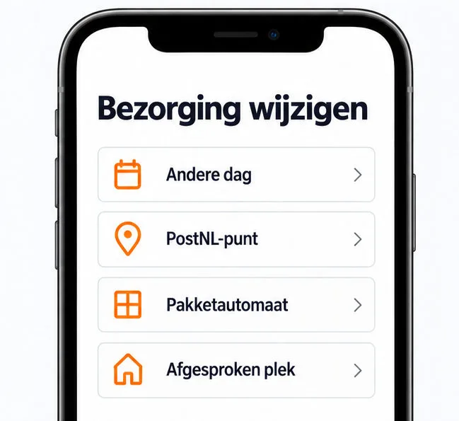Schematisch scherm Bezorging wijzigen met opties Andere dag, PostNL-punt, Pakketautomaat en Afgesproken plek