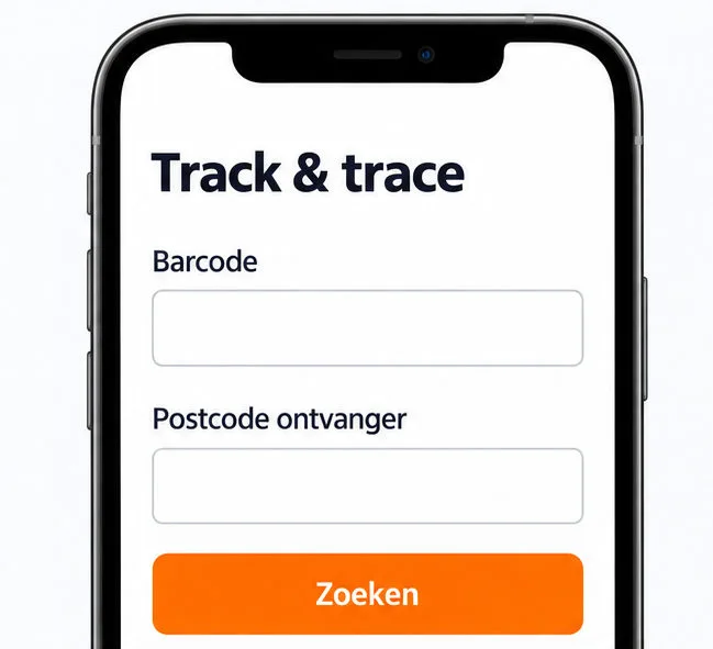 Schematische telefoonweergave met de velden Barcode en Postcode ontvanger en de knop Zoeken