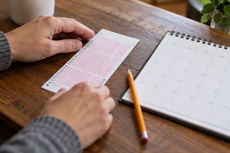 A player checks a paper lottery play slip beside a calendar and pencil.