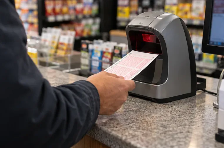 A player holds a lottery ticket at a generic self-service scanner in a retail store.