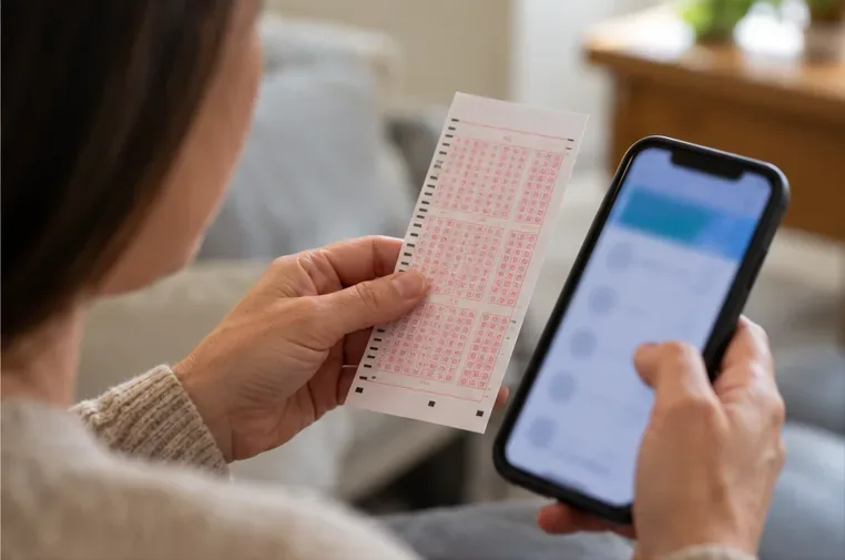 A person compares a printed lottery play slip with a smartphone displaying an out-of-focus page.
