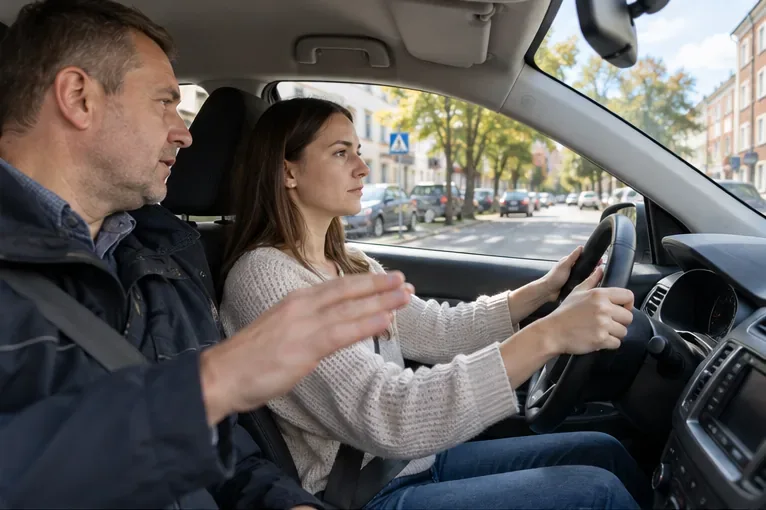Kursantka prowadzi samochód ulicą, a instruktor siedzi obok i wskazuje drogę.