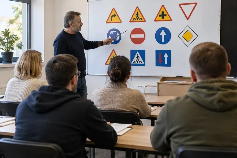 Instruktor omawia znaki drogowe przed grupą kursantów w sali szkoleniowej.
