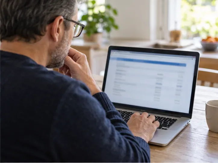 Un homme consulte une page de compte floutée sur un ordinateur portable depuis une table.