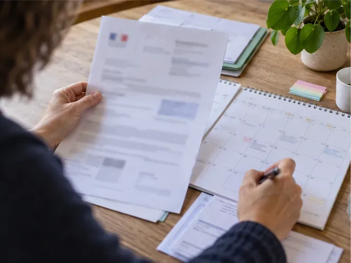 Une personne compare un document fiscal flouté avec un calendrier papier et prend des notes.