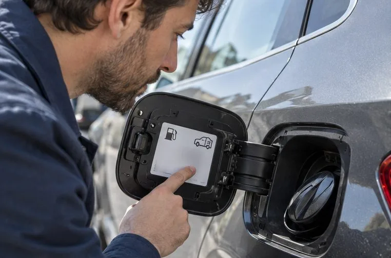 Un automobilista controlla i simboli sullo sportello del serbatoio di un’auto